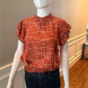 THML Coral and Cream Smocked Ruffle Sleeve Blouse
